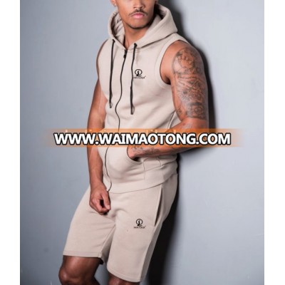 Mens Gym Fleece Lining Full Zip Sleeveless Hoodies Sets Tracksuit Custom