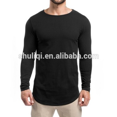 Gym Fitted Longline T-Shirt Mens Curved Hem Long Tee Muscle Bodybuilding Gym T Shirts Cotton Spandex Plain Fitness T Shirt